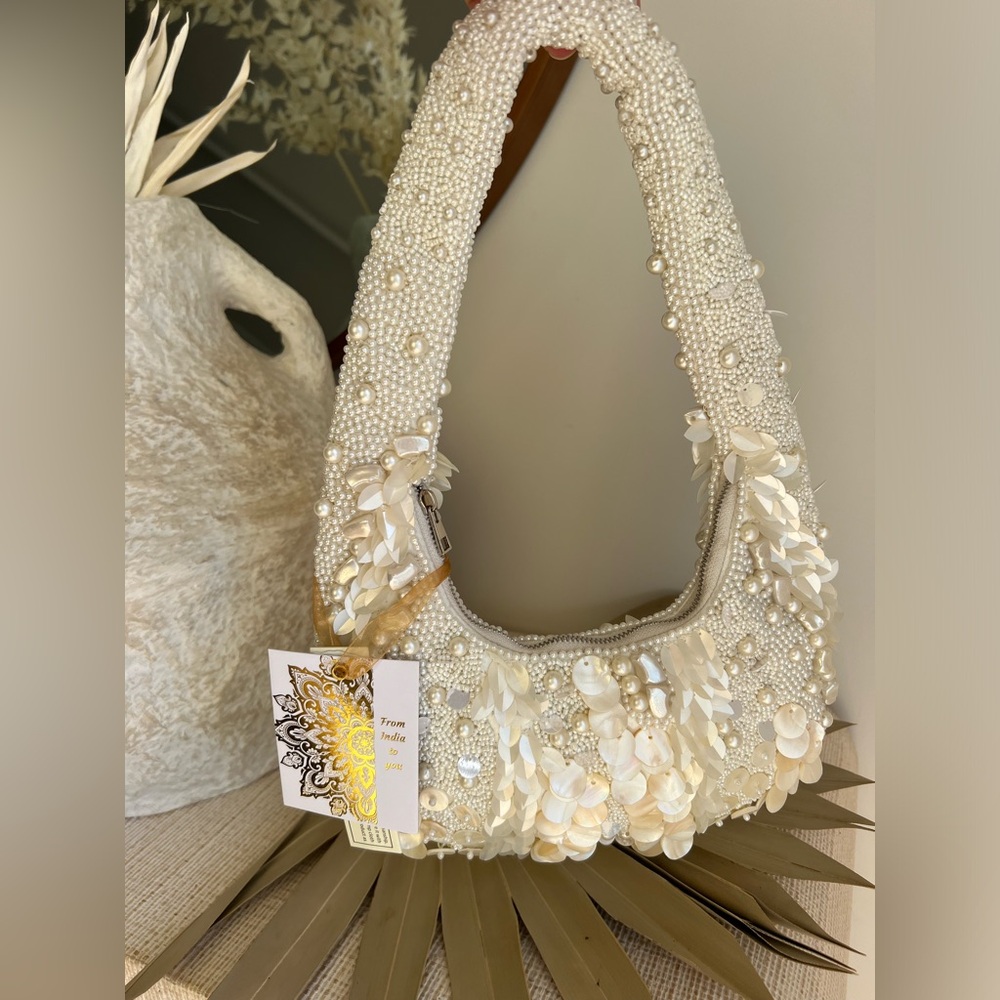 Viral Cream Shoulder Beaded Bag with Shell and Sequin Accents, NWT Made In India